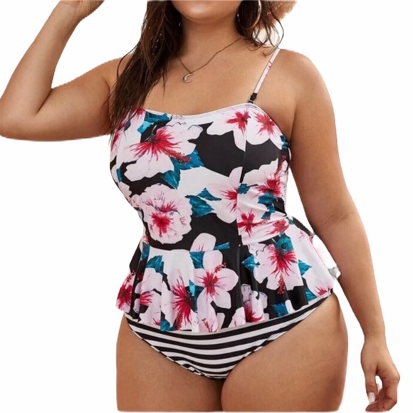 PLUS floral print top stripe tankini bathing suit - Picture 4 of 4